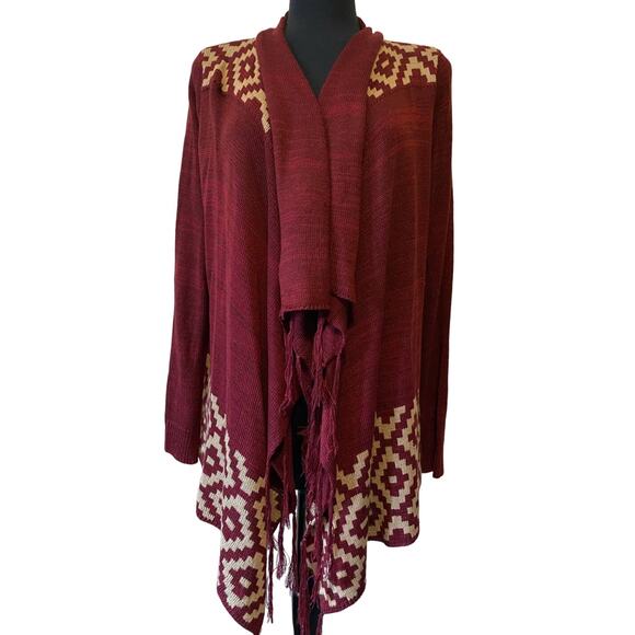 Red Camel Women’s Burgundy/Cream Fringe Waterfall Open Cardigan Size Medium - Picture 1 of 7